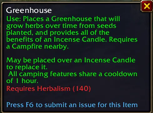 Greenhouse-Tooltip mit Kräuterkunde 140 und gemeinsamer Camping-Abklingzeit