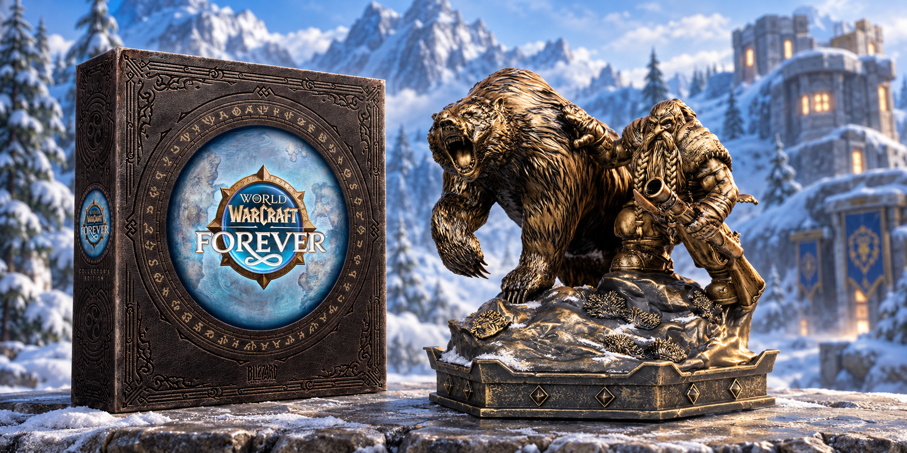 World of Warcraft Forever Box und Bronzestatue