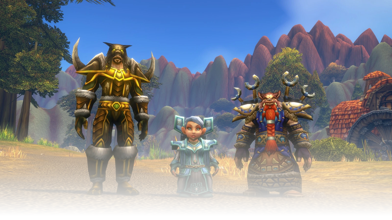 Drei Charaktere in World of Warcraft: Forever vor einer Berglandschaft